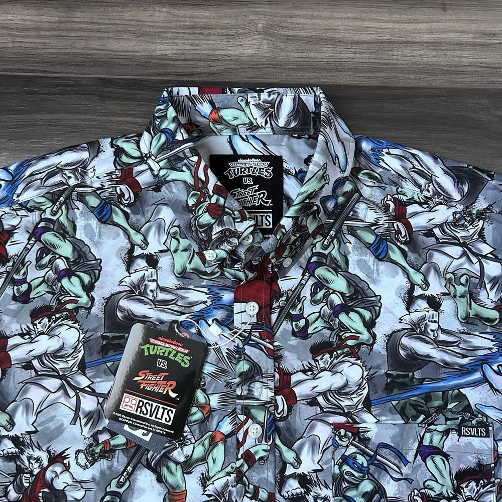 RSVLTS Teenage Mutant Ninja Turtles Vs Street Fighter Button Shirt Large New